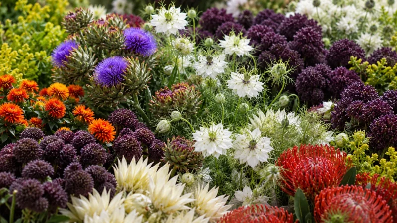 Flori albe, mov și galbene într-o compoziție florală editorială Grădina Urbană Concept