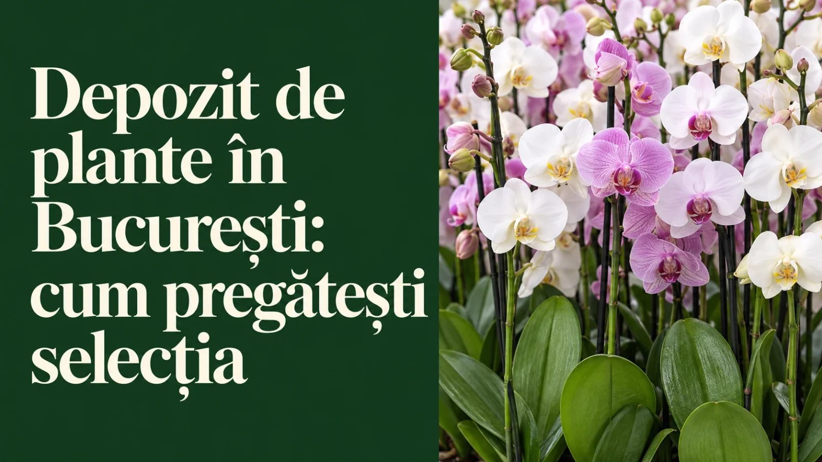 Orhidee albe și lila cu titlul ghidului despre depozitul de plante din București