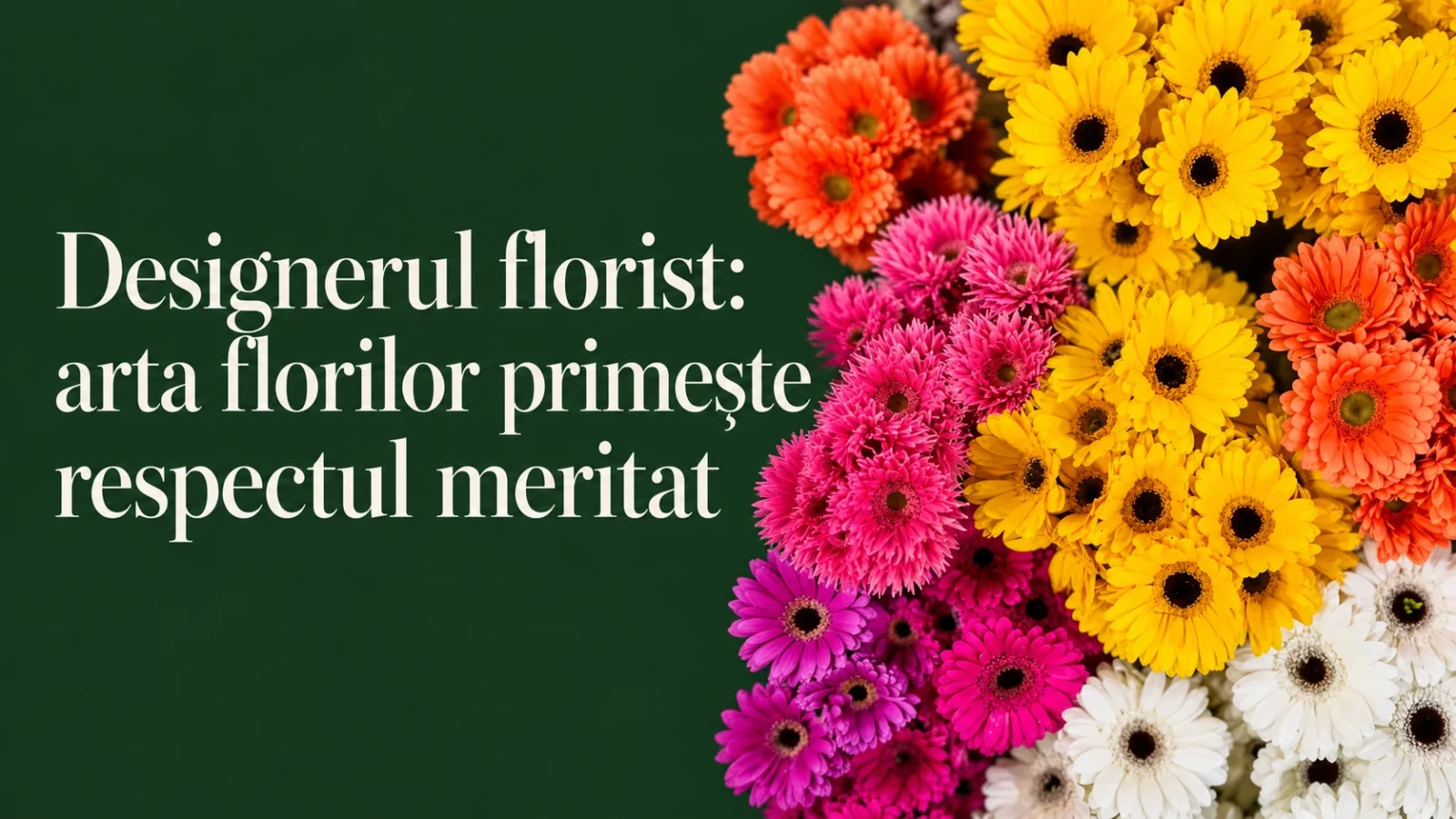 Gerbera galbene, portocalii și roz cu titlul despre respectul pentru arta florilor
