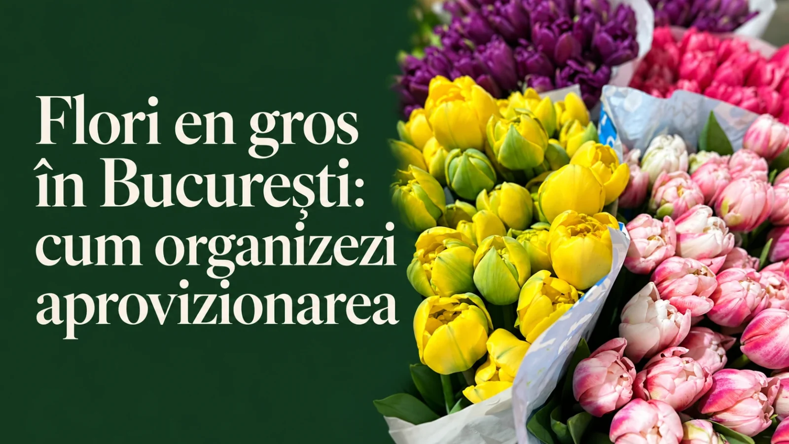 Lalele galbene, roz și mov alături de titlul articolului despre flori en gros